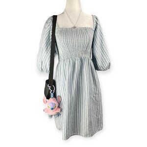 Billabong Days in Paradise Dress Women’s Medium Blue Striped Smocked Puff Sleeve